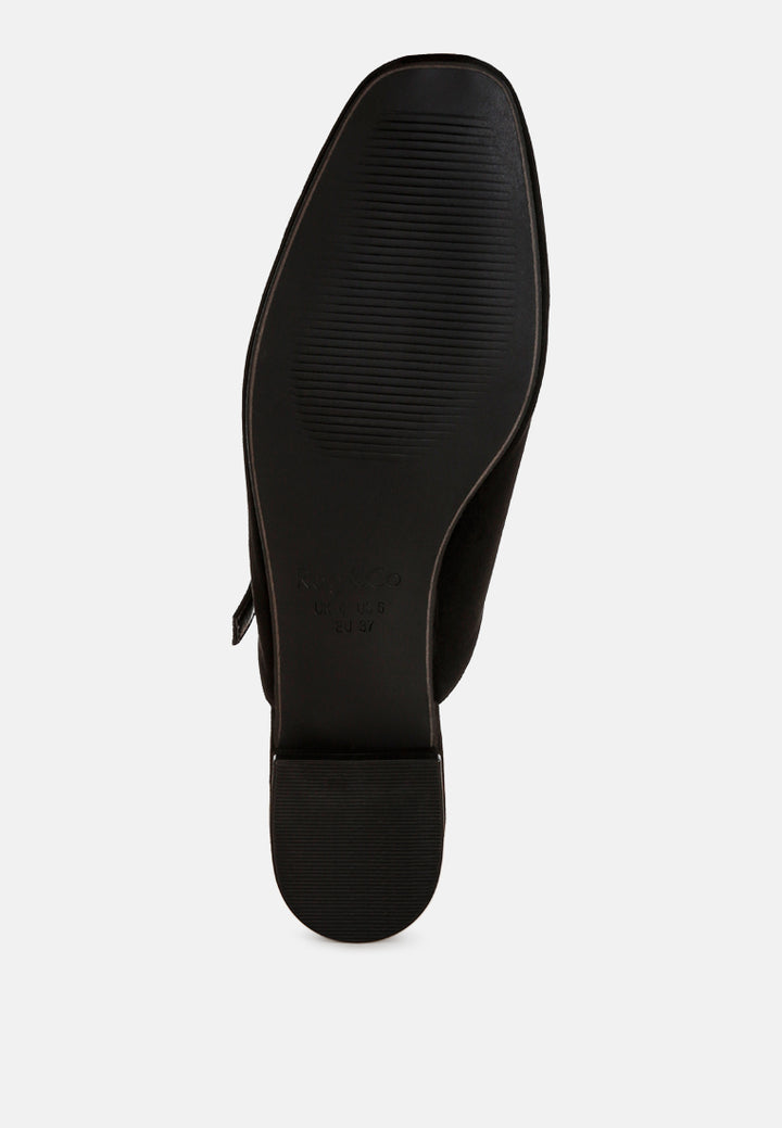 Dublish Square Toe Buckled Flats#color_black-suede