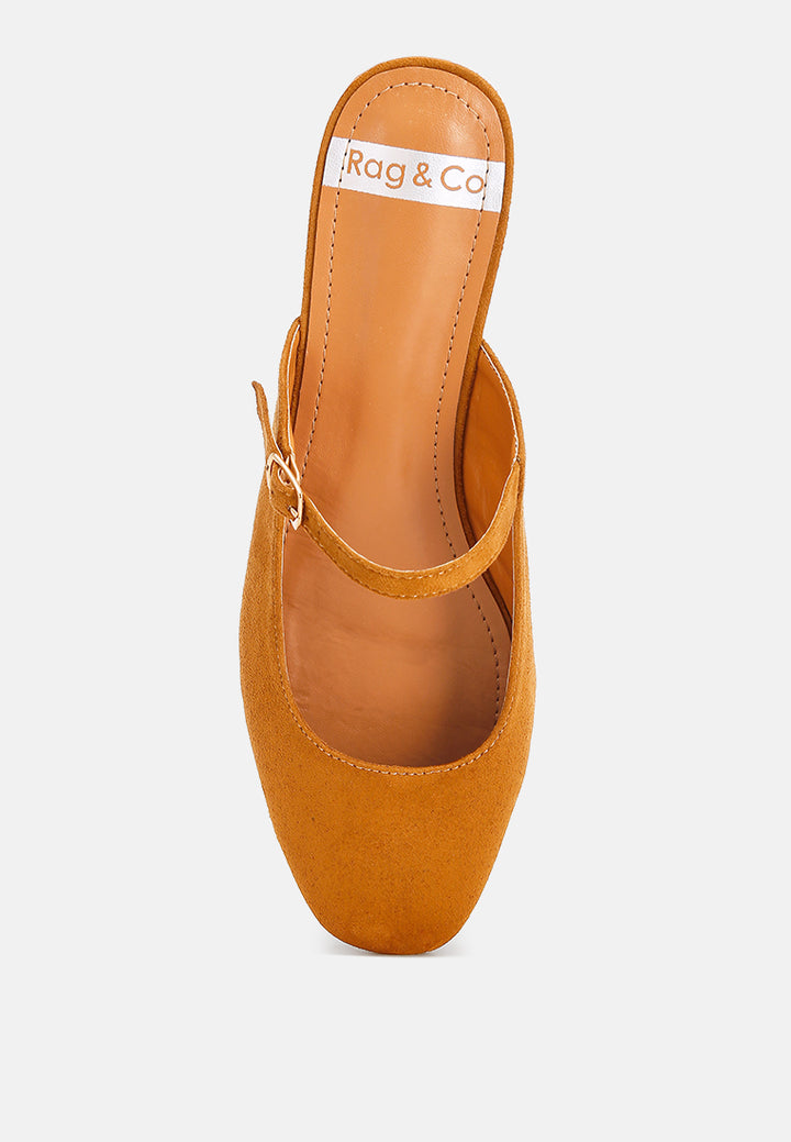 Dublish Square Toe Buckled Flats#color_tan-suede