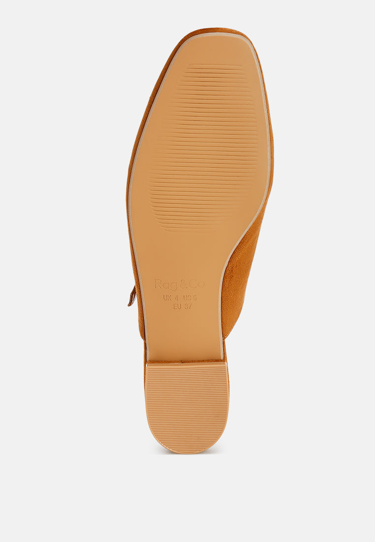 Dublish Square Toe Buckled Flats#color_tan-suede