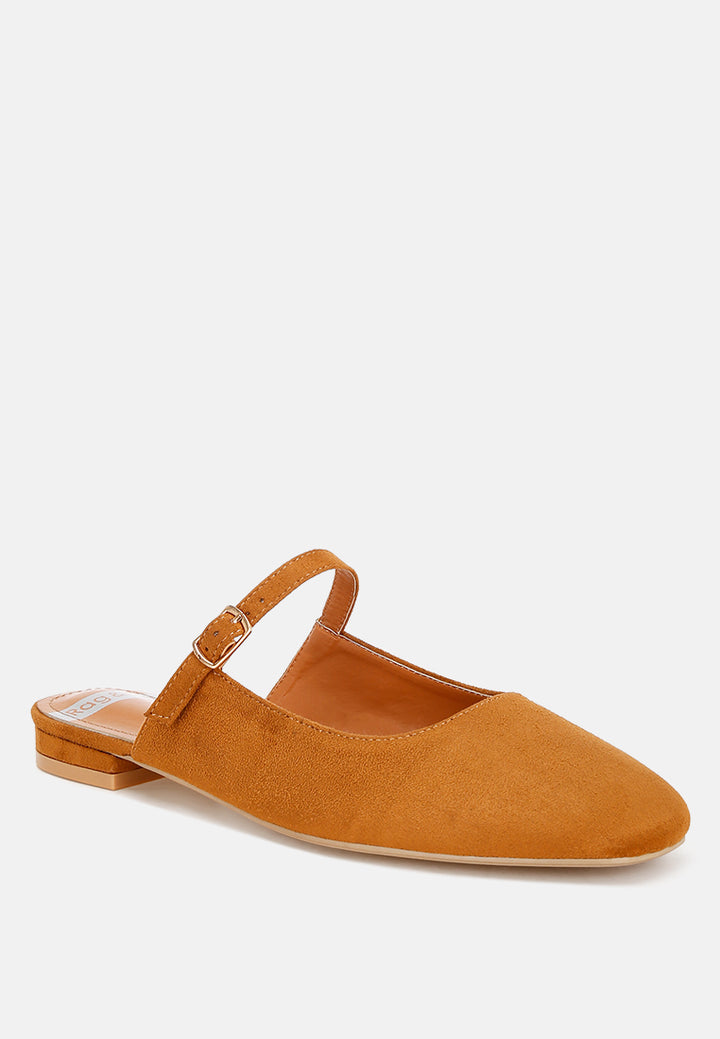 Dublish Square Toe Buckled Flats#color_tan-suede