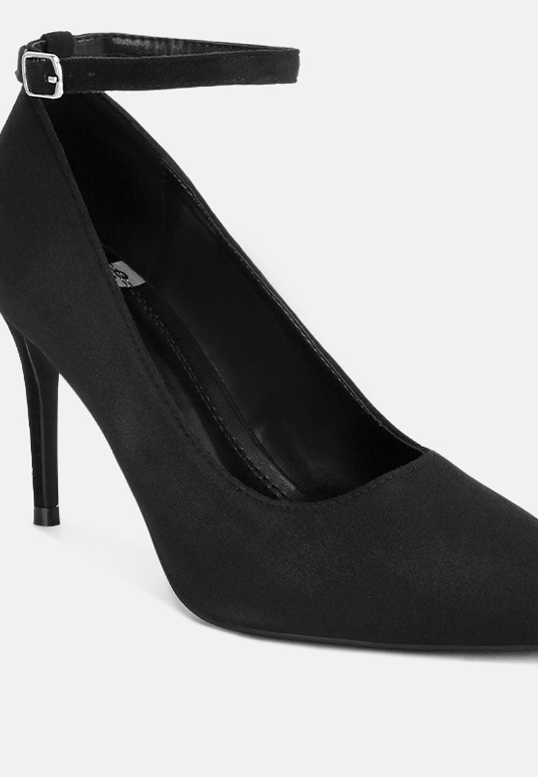 Dittany Ankle Strap Stiletto Heel Pumps#color_black-suede