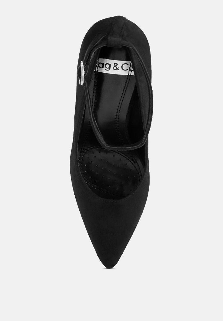 Dittany Ankle Strap Stiletto Heel Pumps#color_black-suede