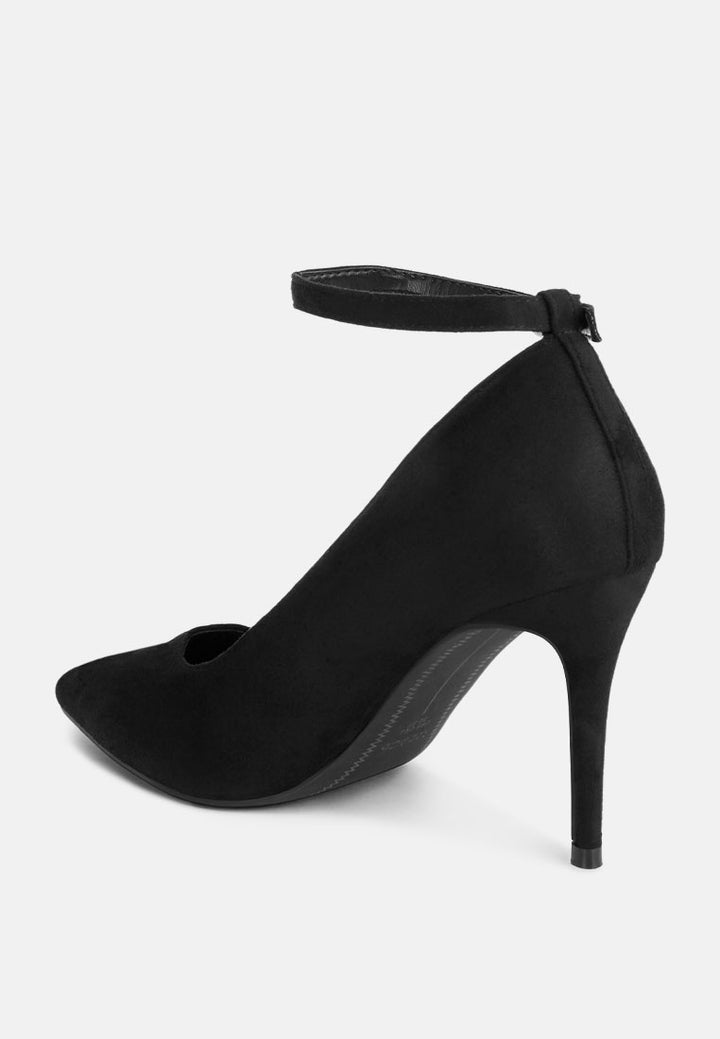 Dittany Ankle Strap Stiletto Heel Pumps#color_black-suede