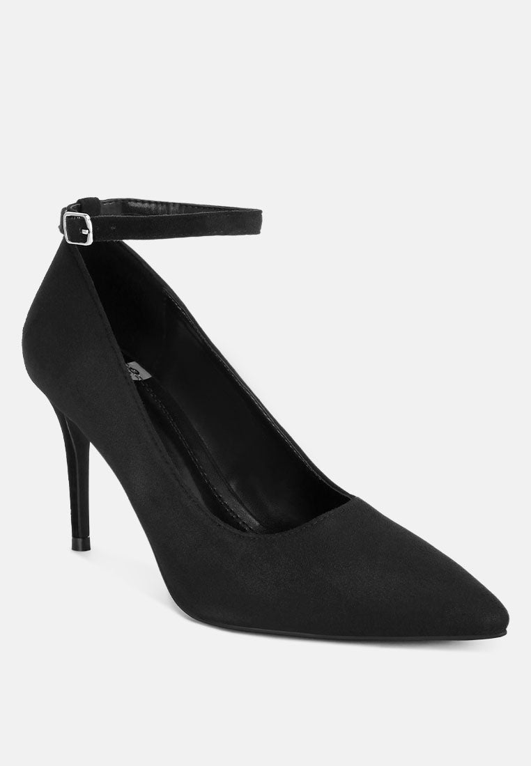 Dittany Ankle Strap Stiletto Heel Pumps#color_black-suede