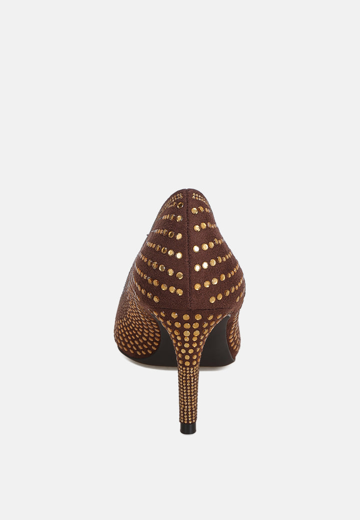 pitchers rhinestone embellished stiletto heels#color_brown-suede