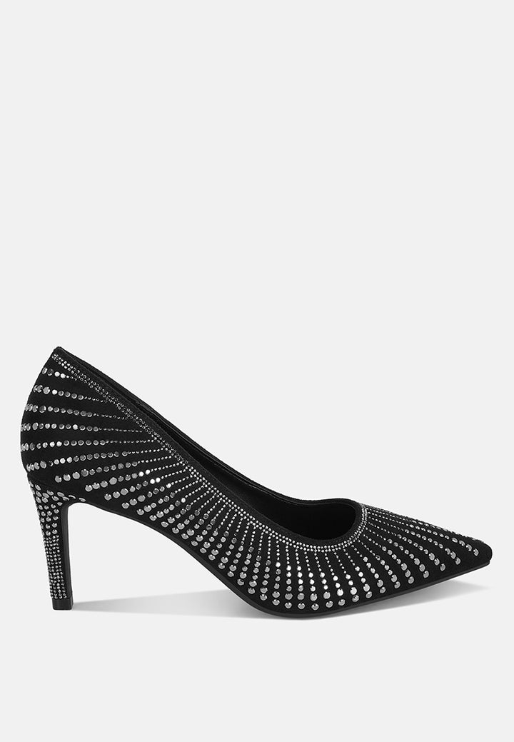 pitchers rhinestone embellished stiletto heels#color_black-suede