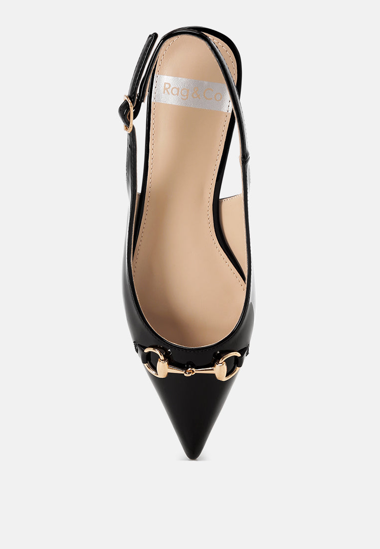 Bell flower Classic Horsebit Detail Slingback Heels#color_Black-Patent
