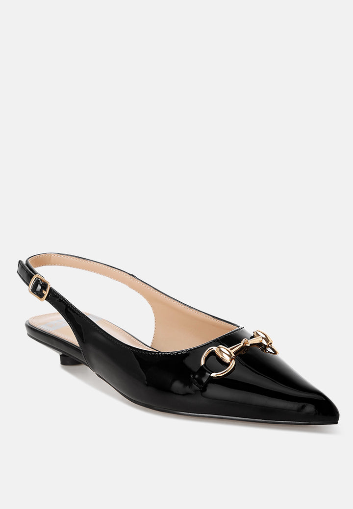 Bell flower Classic Horsebit Detail Slingback Heels#color_Black-Patent