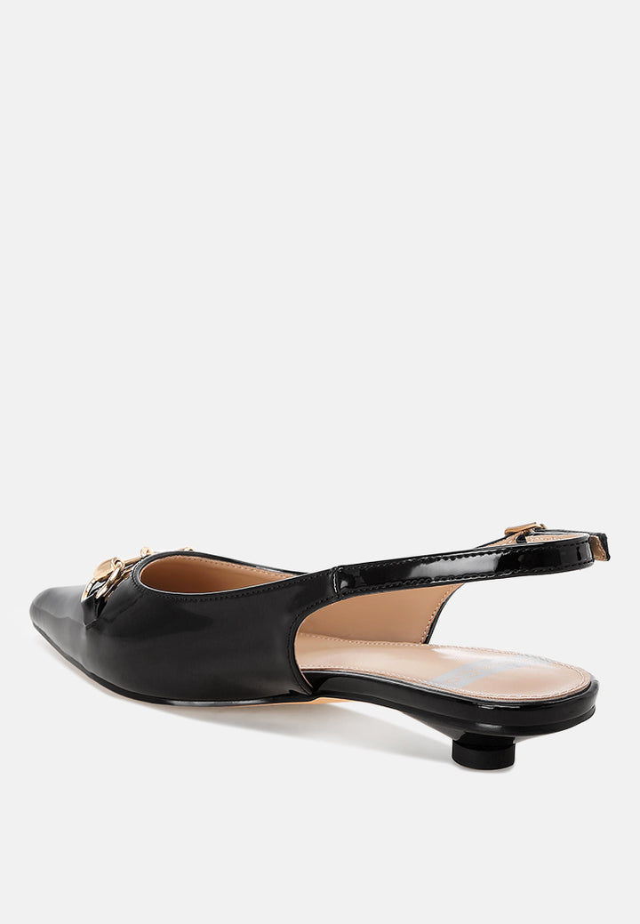 Bell flower Classic Horsebit Detail Slingback Heels#color_Black-Patent