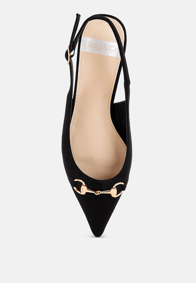 Bell flower Classic Horsebit Detail Slingback Heels#color_black-suede