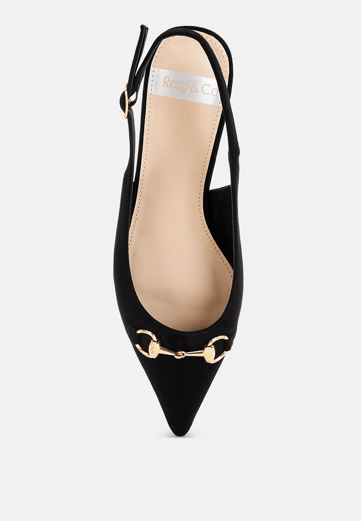 Bell flower Classic Horsebit Detail Slingback Heels#color_black-suede