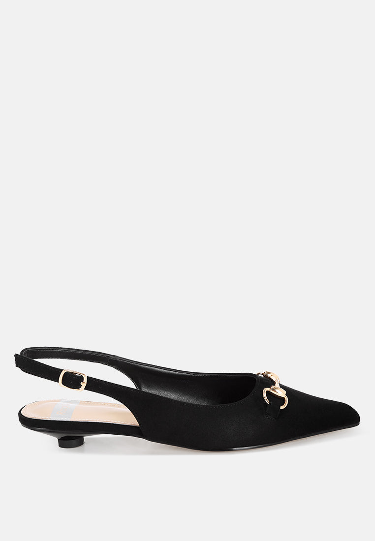 Bell flower Classic Horsebit Detail Slingback Heels#color_black-suede