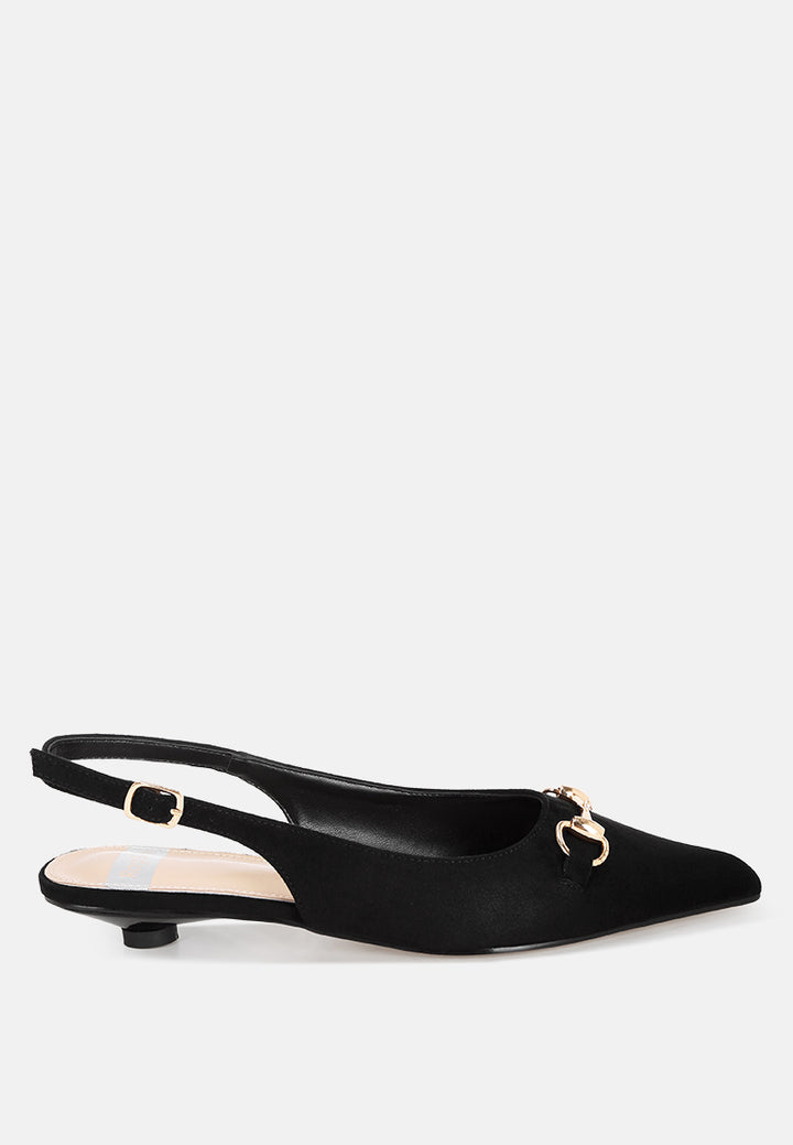 Bell flower Classic Horsebit Detail Slingback Heels#color_black-suede