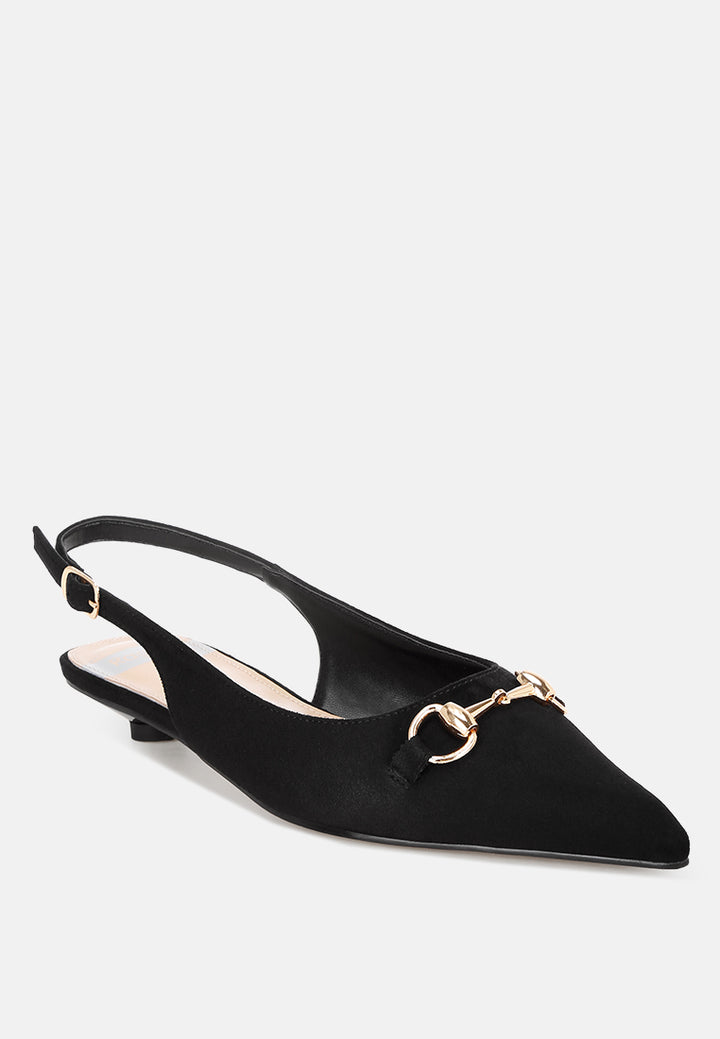Bell flower Classic Horsebit Detail Slingback Heels#color_black-suede