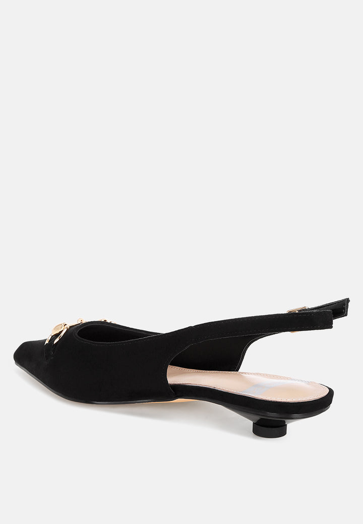 Bell flower Classic Horsebit Detail Slingback Heels#color_black-suede