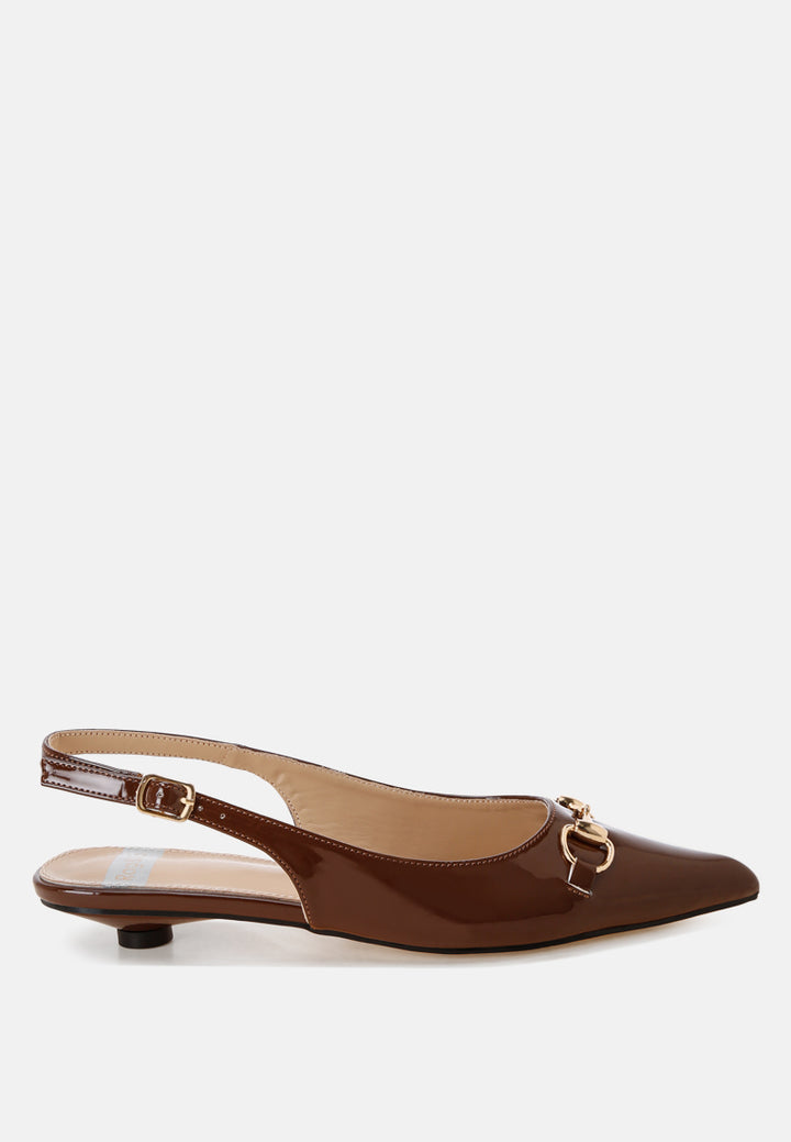Bell flower Classic Horsebit Detail Slingback Heels#color_Brown-patent