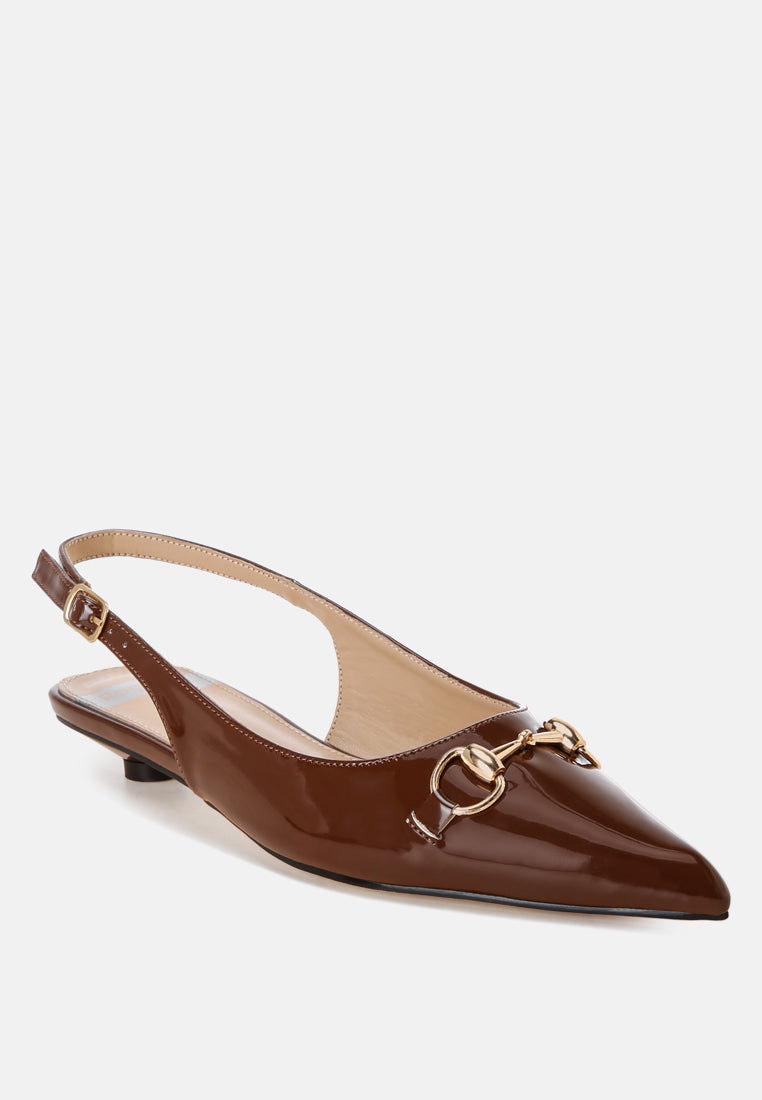 Bell flower Classic Horsebit Detail Slingback Heels#color_Brown-patent