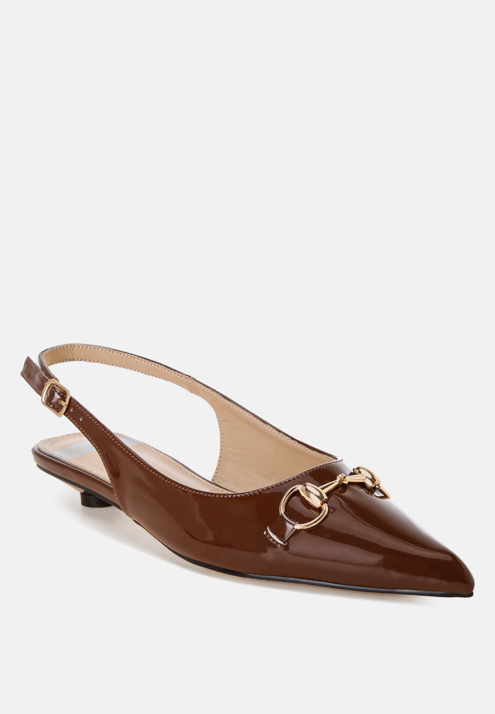 Bell flower Classic Horsebit Detail Slingback Heels#color_Brown-patent