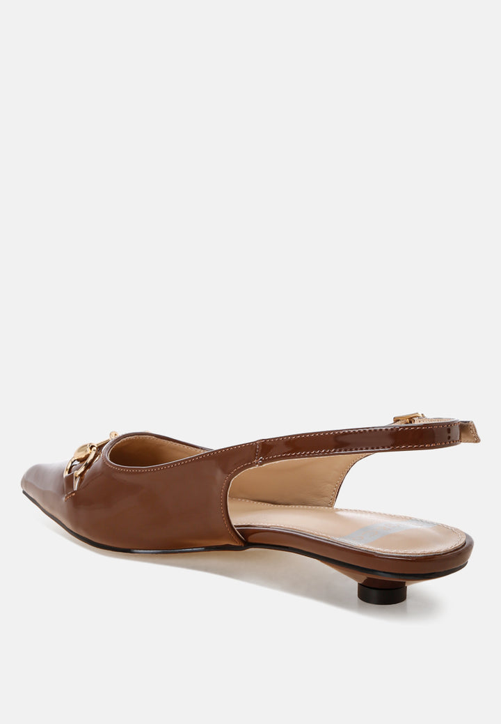 Bell flower Classic Horsebit Detail Slingback Heels#color_Brown-patent