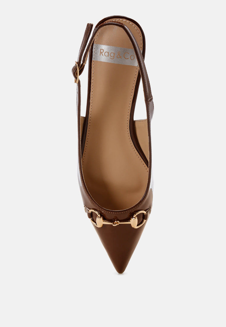 Bell flower Classic Horsebit Detail Slingback Heels#color_Brown-patent
