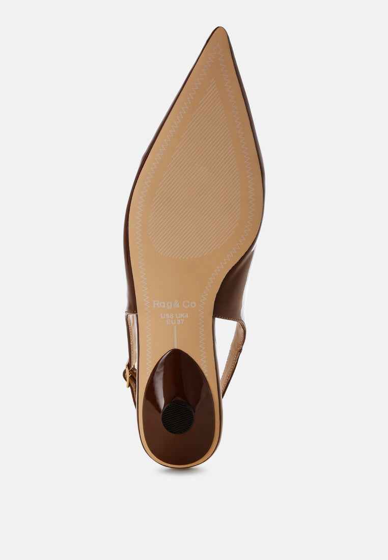 Bell flower Classic Horsebit Detail Slingback Heels#color_Brown-patent