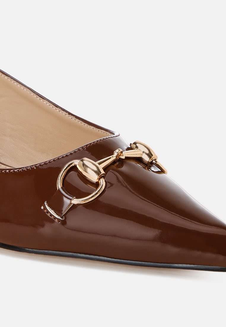 Bell flower Classic Horsebit Detail Slingback Heels#color_Brown-patent