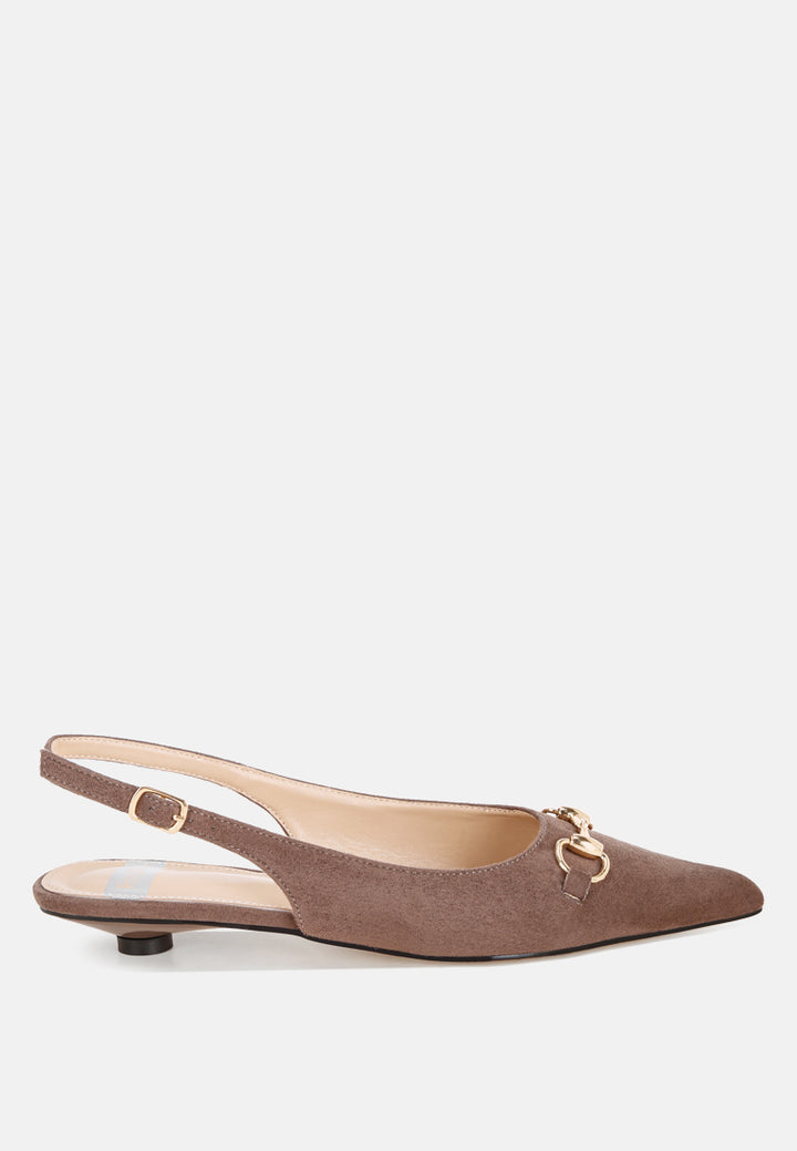 Bell flower Classic Horsebit Detail Slingback Heels#color_taupe-suede