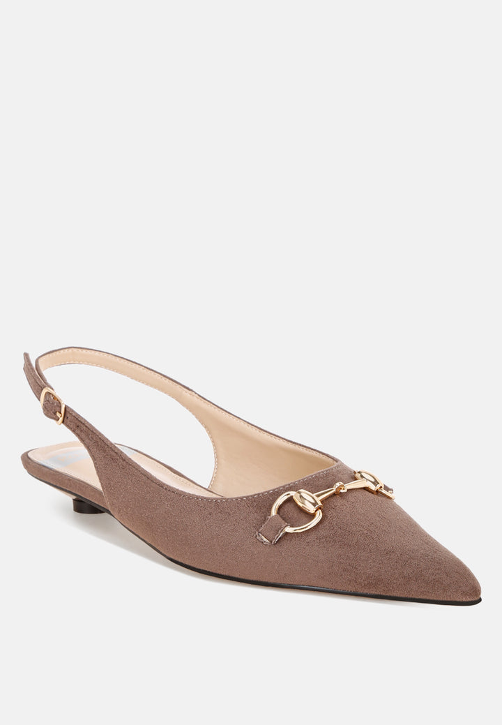 Bell flower Classic Horsebit Detail Slingback Heels#color_taupe-suede