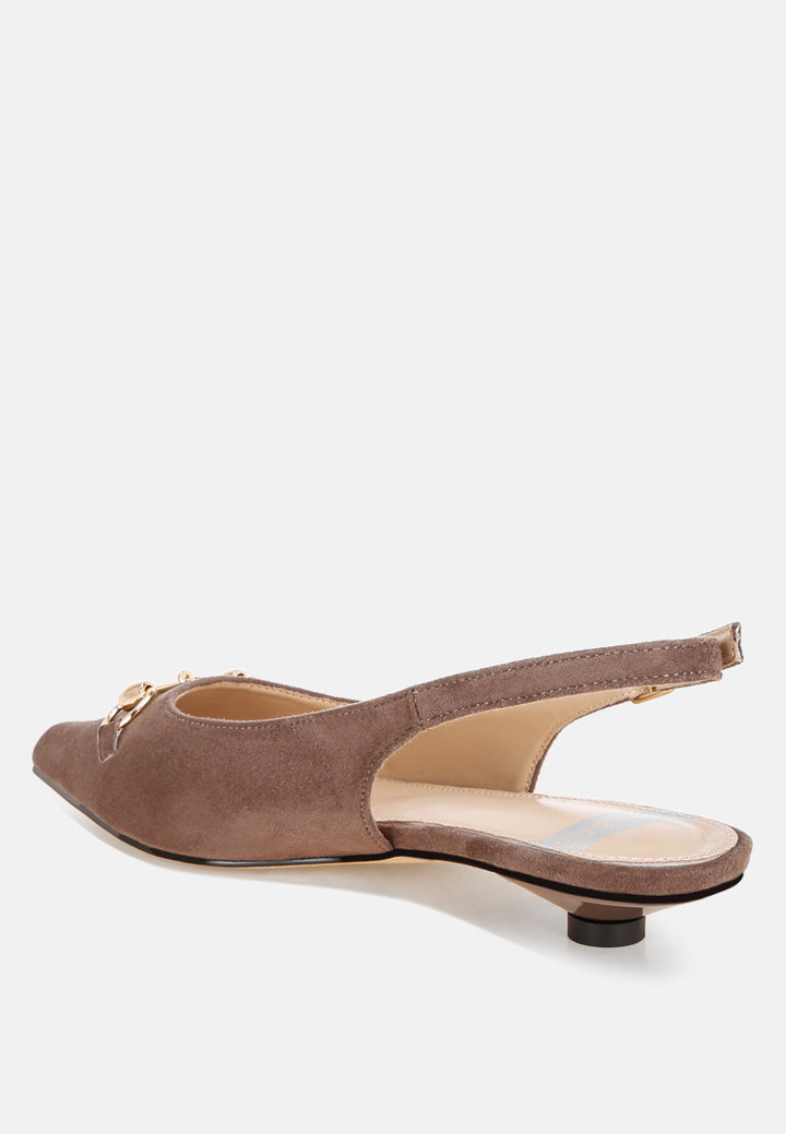 Bell flower Classic Horsebit Detail Slingback Heels#color_taupe-suede