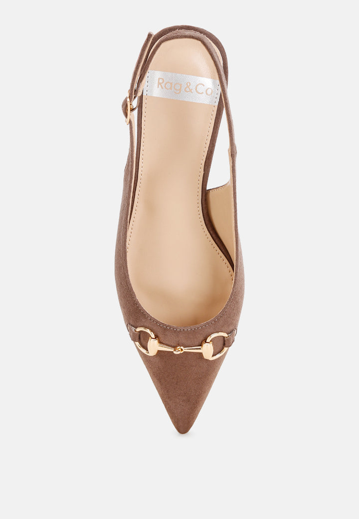 Bell flower Classic Horsebit Detail Slingback Heels#color_taupe-suede
