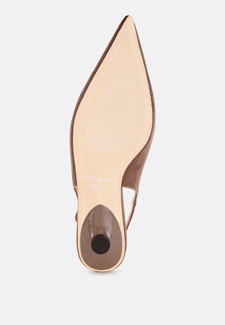 Bell flower Classic Horsebit Detail Slingback Heels#color_taupe-suede