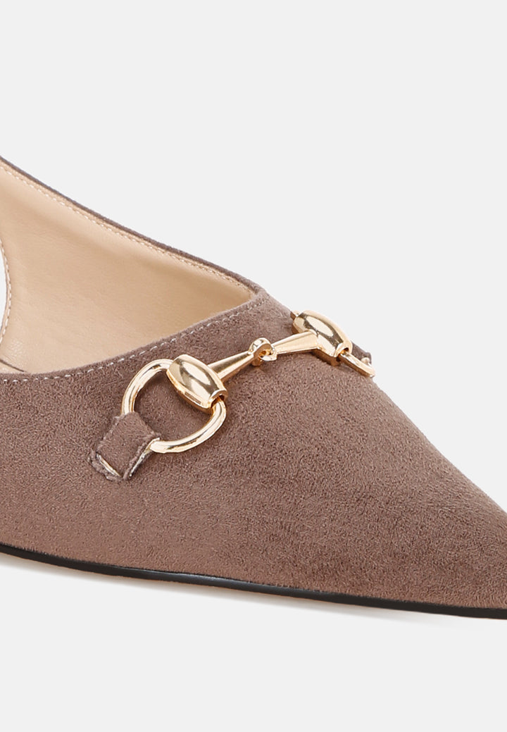 Bell flower Classic Horsebit Detail Slingback Heels#color_taupe-suede