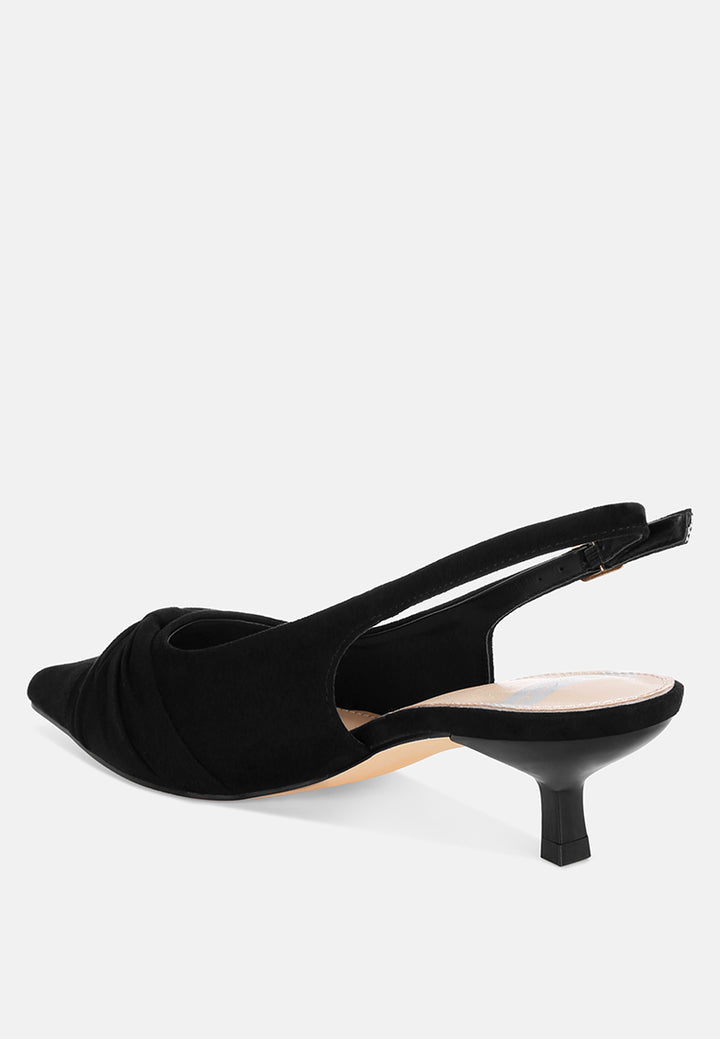 Salvia Ruched Pointed Toe Slingback Heels#color_black suede