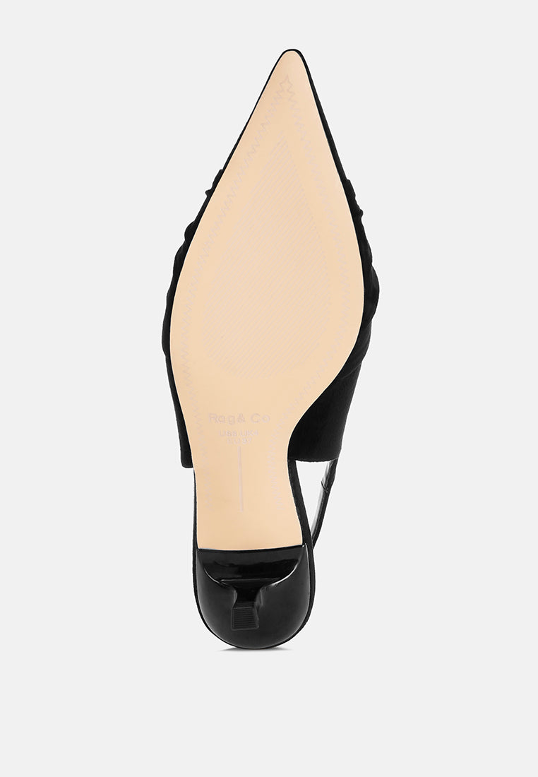 Salvia Ruched Pointed Toe Slingback Heels#color_black suede