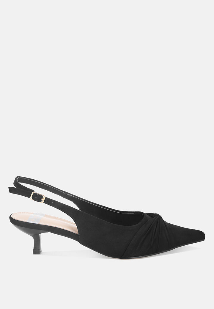Salvia Ruched Pointed Toe Slingback Heels#color_black suede