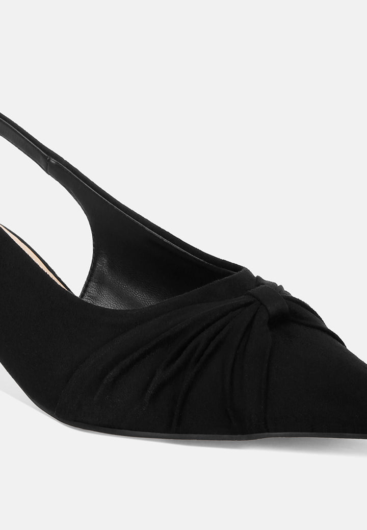 Salvia Ruched Pointed Toe Slingback Heels#color_black suede