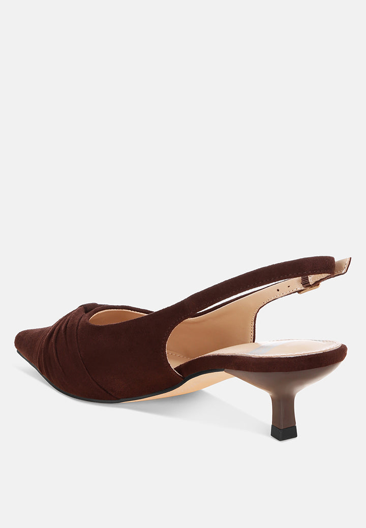 Salvia Ruched Pointed Toe Slingback Heels#color_brown suede