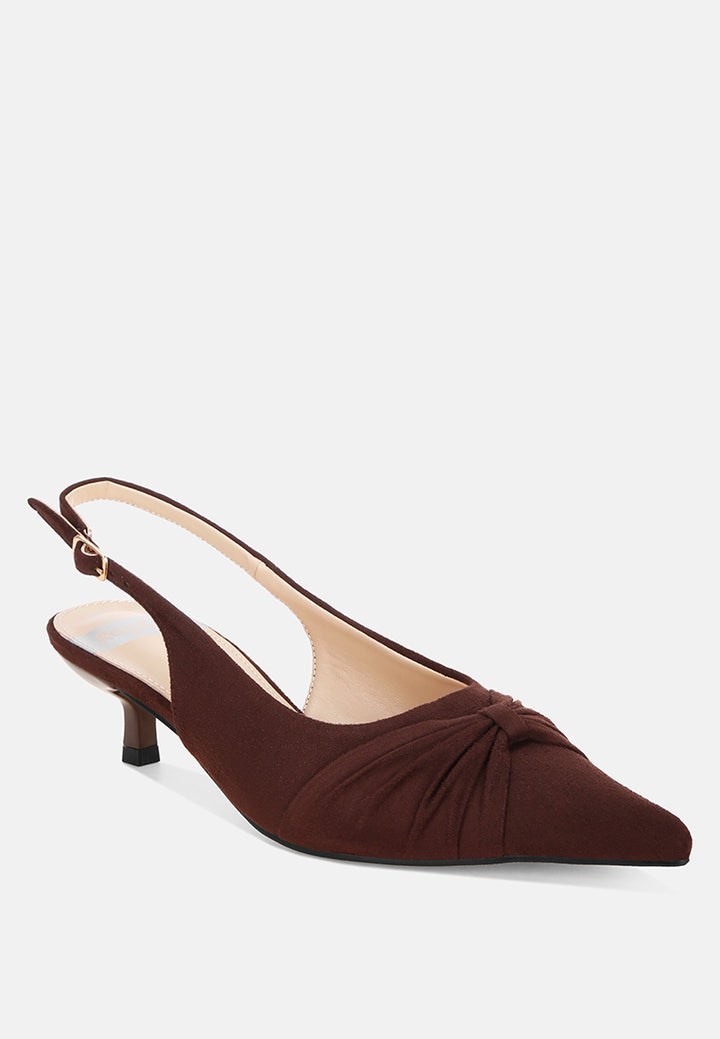 Salvia Ruched Pointed Toe Slingback Heels#color_brown suede