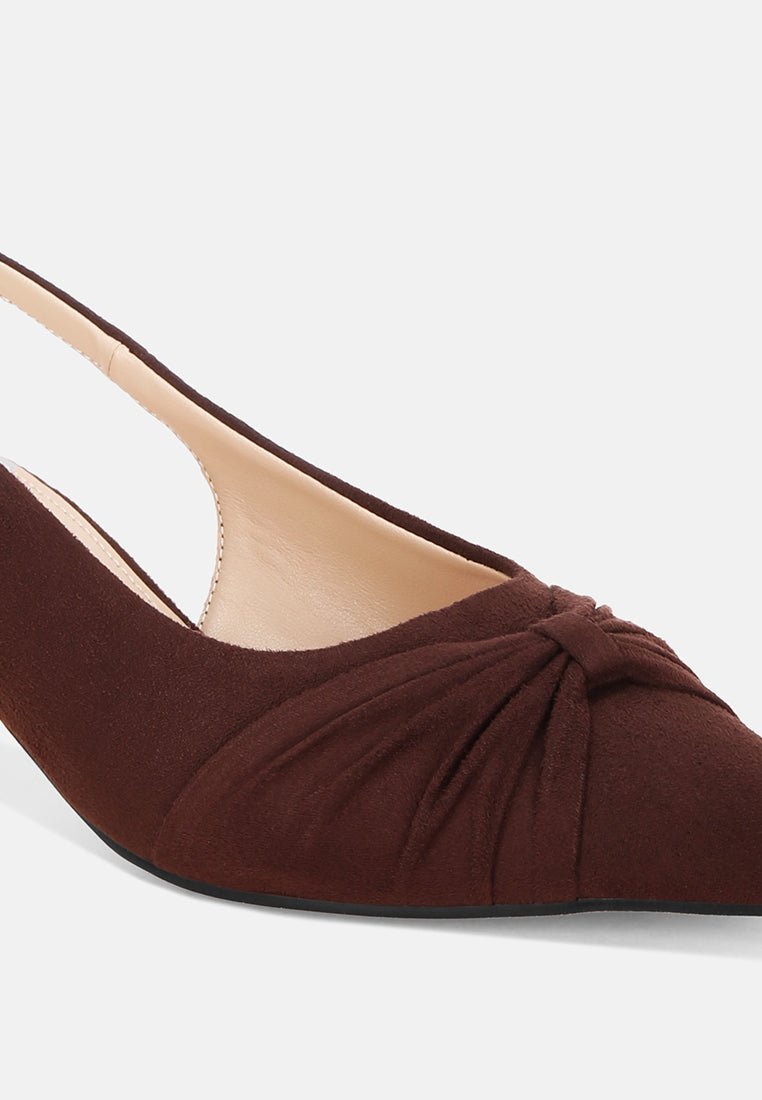 Salvia Ruched Pointed Toe Slingback Heels#color_brown suede