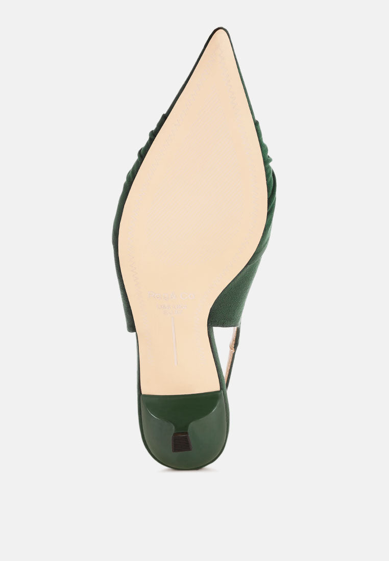 Salvia Ruched Pointed Toe Slingback Heels#color_green suede