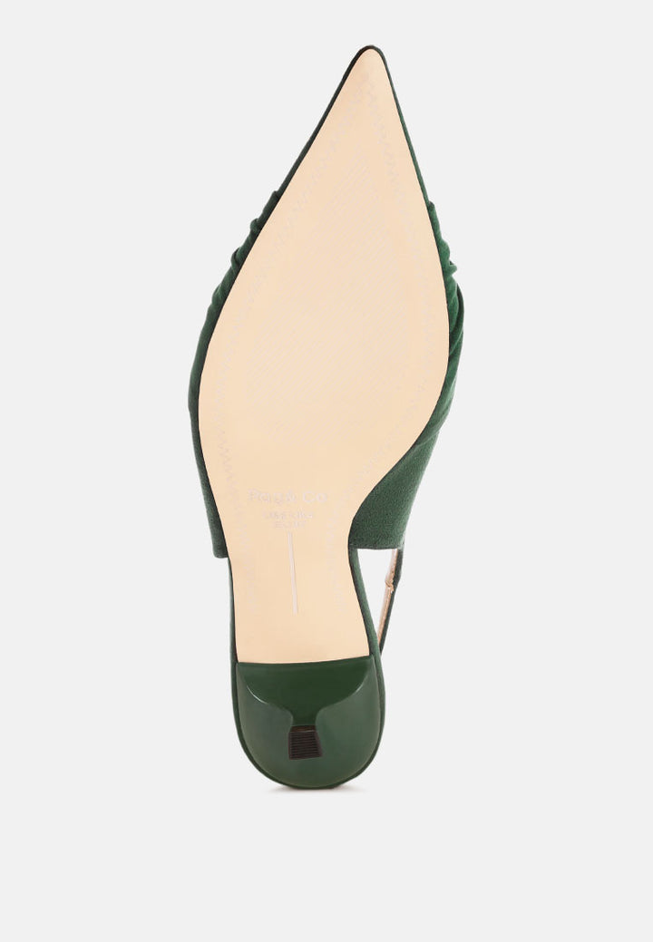 Salvia Ruched Pointed Toe Slingback Heels#color_green suede