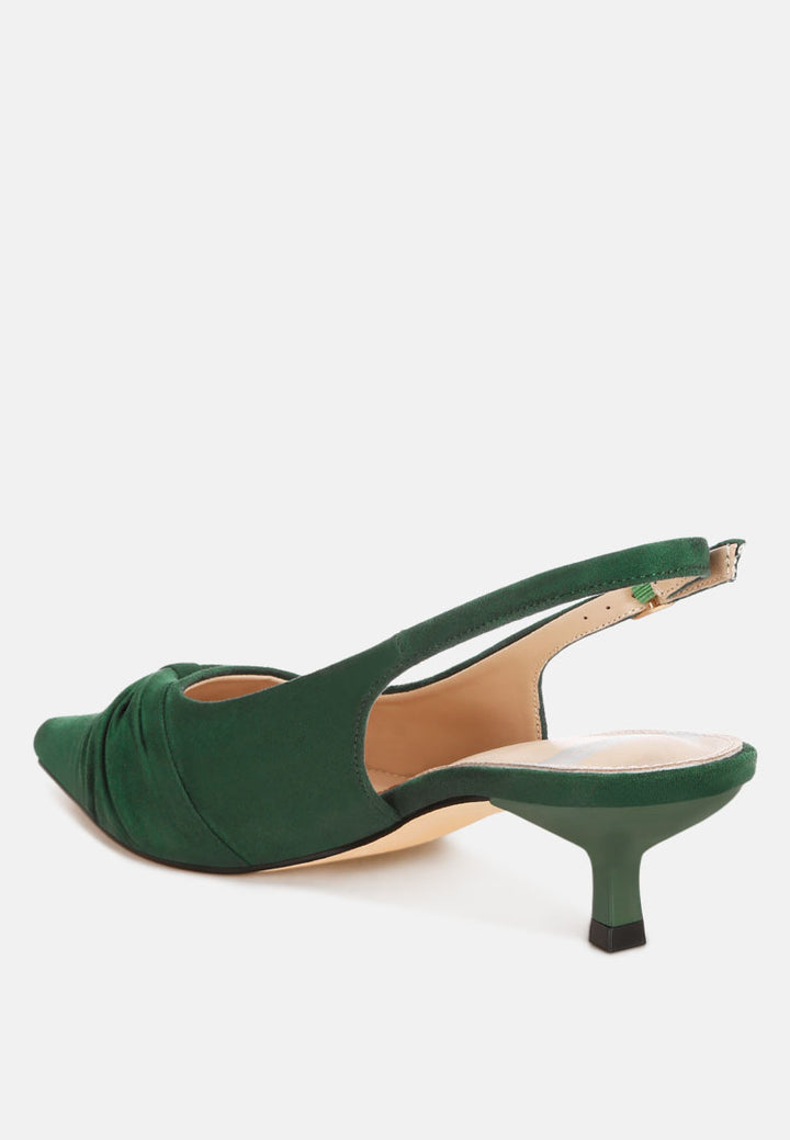 Salvia Ruched Pointed Toe Slingback Heels#color_green suede
