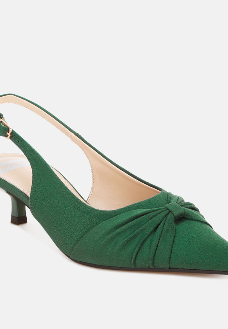 Salvia Ruched Pointed Toe Slingback Heels#color_green suede