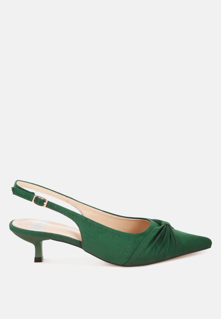 Salvia Ruched Pointed Toe Slingback Heels#color_green suede