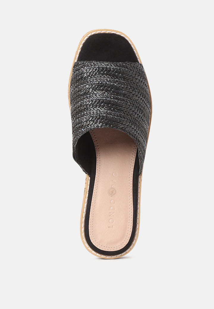 raffia slip-on platform heel sandals#color_black