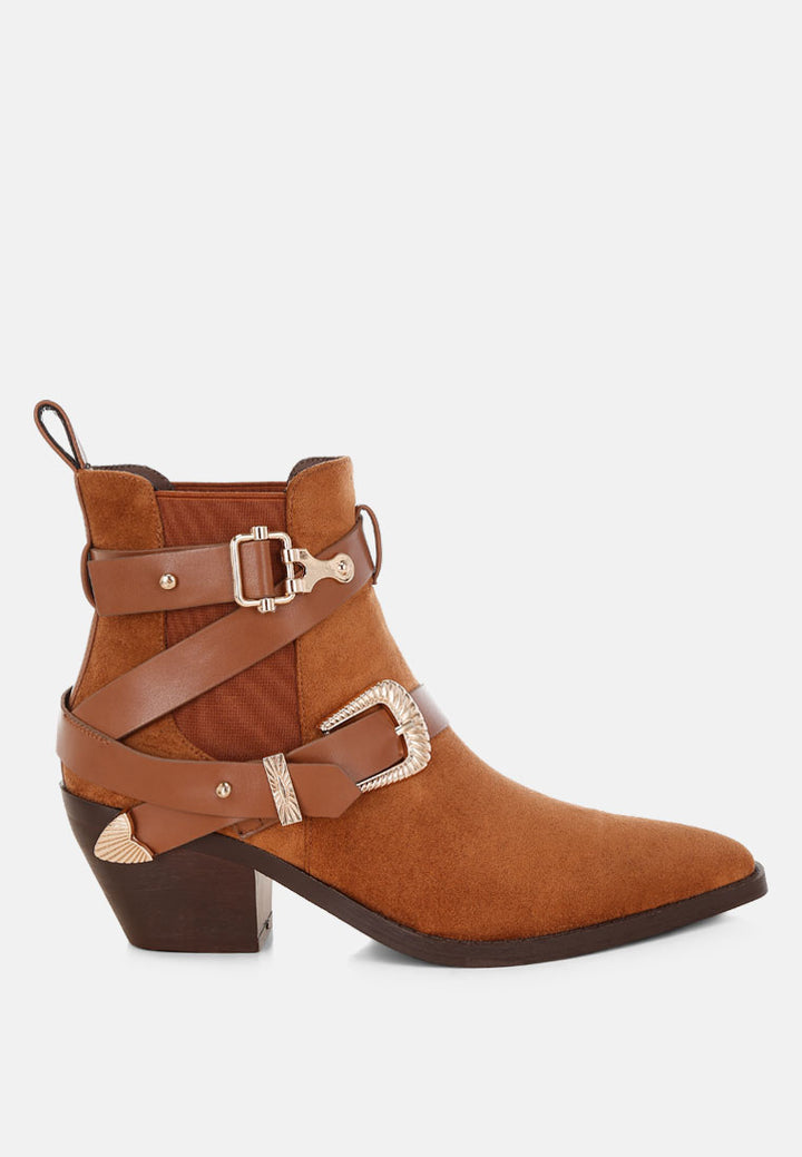 raveta microfiber buckle strap western boots#color_tan