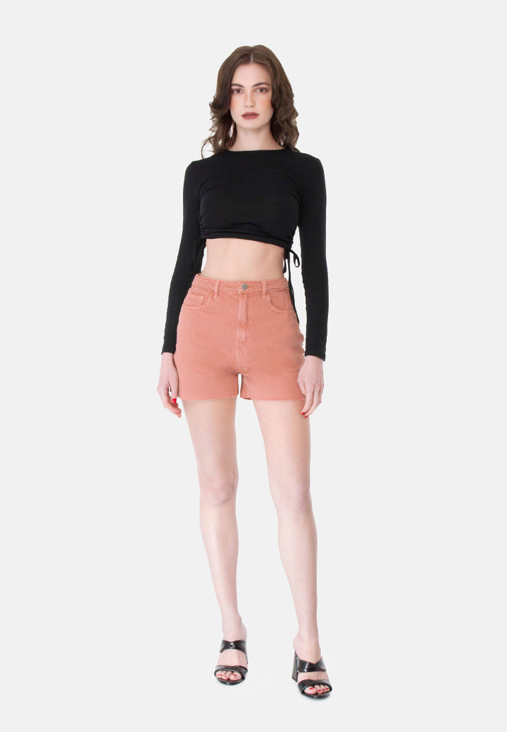 raw hem denim shorts#color_coral