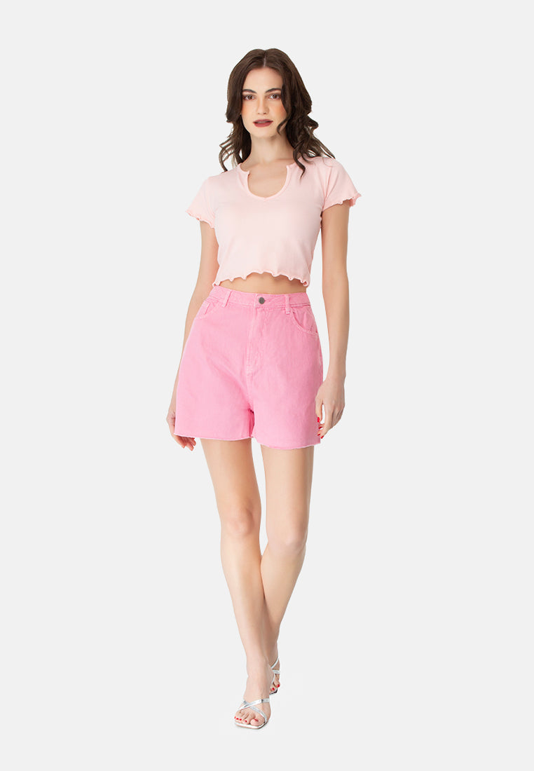 Pink Raw Hem Denim Shorts