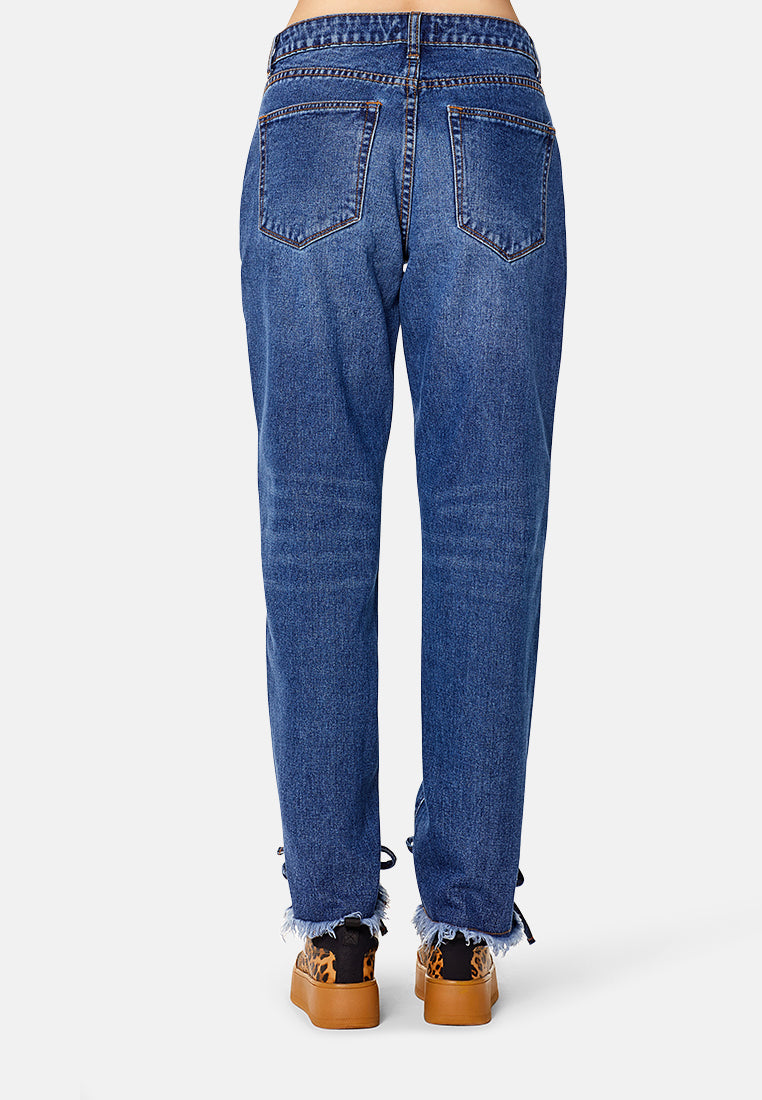 relaxed fit frayed hem jeans#color_dark-blue