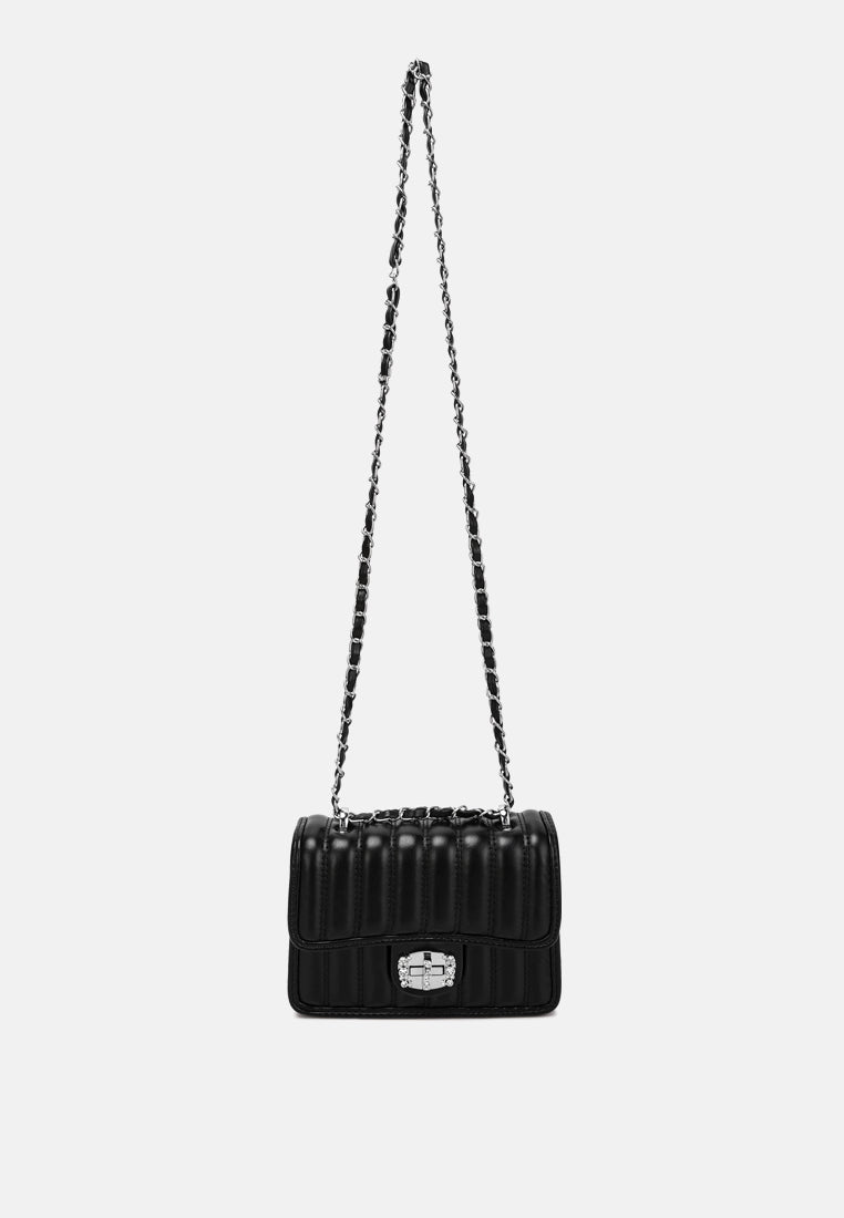 rhinestone embellished lock flap bag#color_black